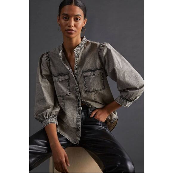 Anthropologie Pilcro Washed Puff Sleeve Buttondown gray sz M - Picture 1 of 10